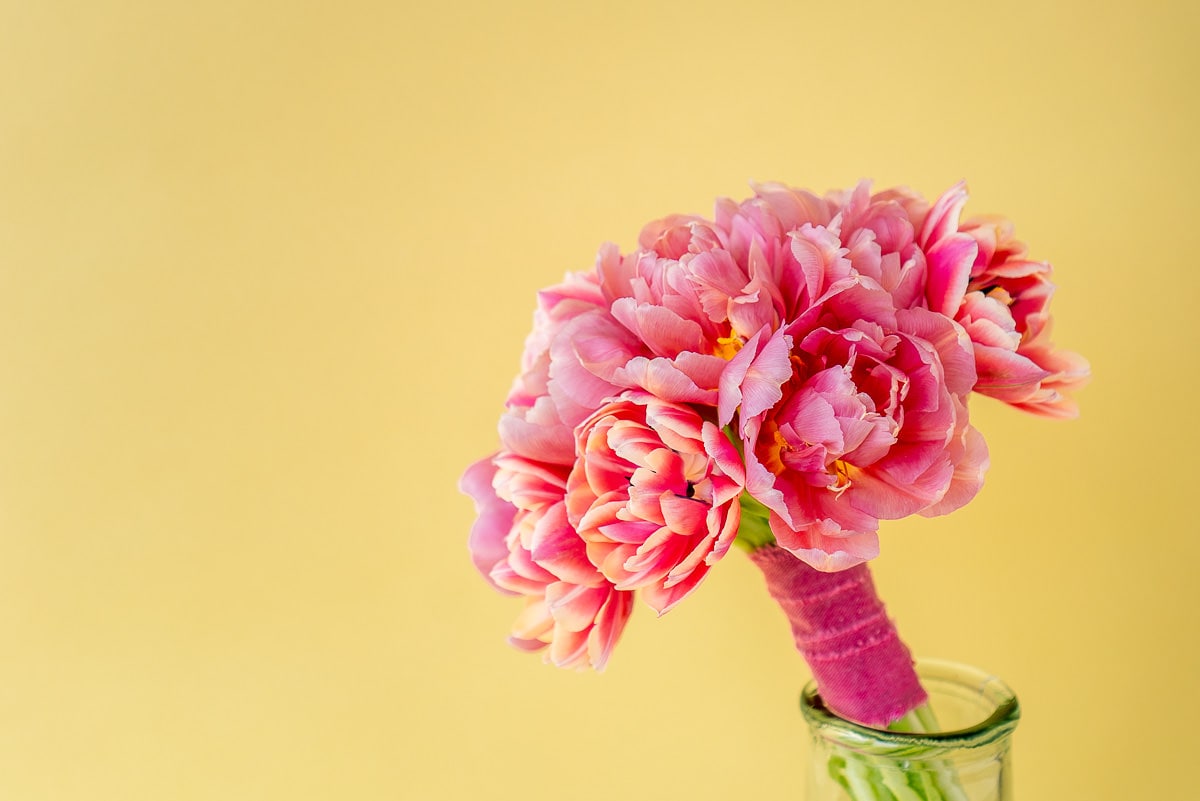 Gefüllte, rosafarbene Tulpen als Stabbrautstrauß gebunden
